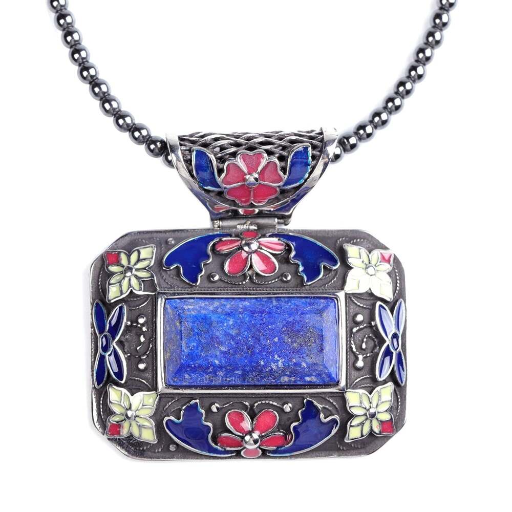 Lapis Lazuli and Enameled Pendant With Hematite Beads, 18 Inch